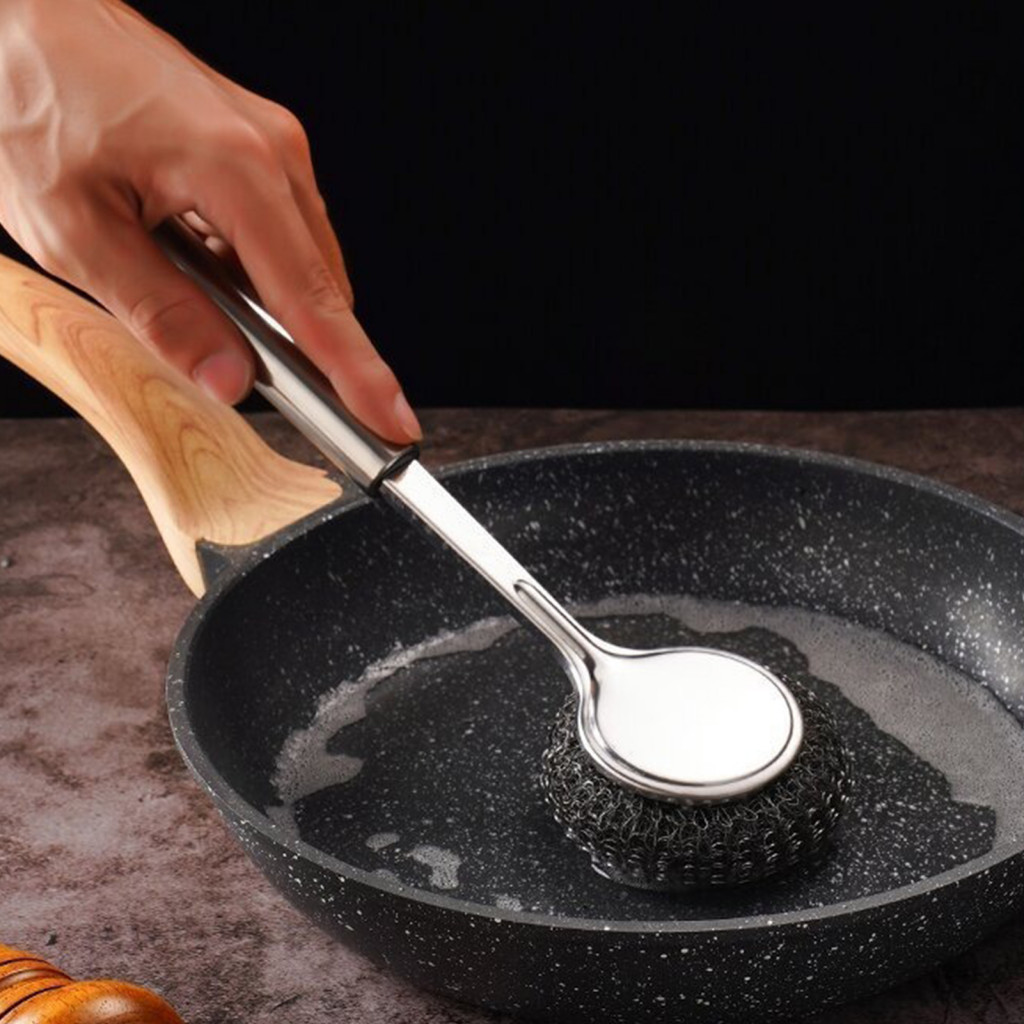 Heavy Duty Stainless Steel Wool Scrubber with Long Handle – Non-scratch Kitchen Pot Pan Cleaning Brush Deep Scouring T