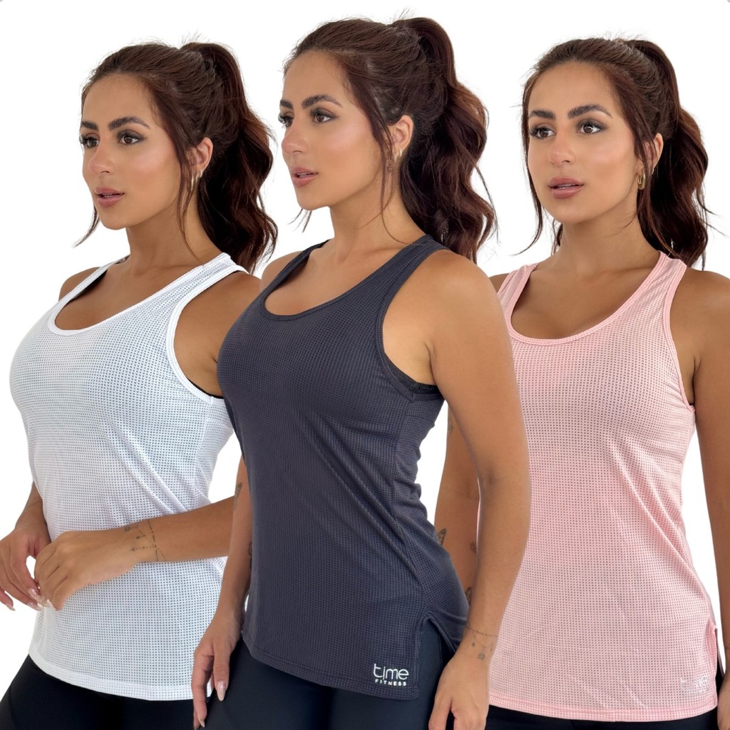 Kit 3 Regata Feminina Academia Tapa Bumbum Dry Fit Fitness Furadinha Blusa Malhar  Tela Yoga Corrida