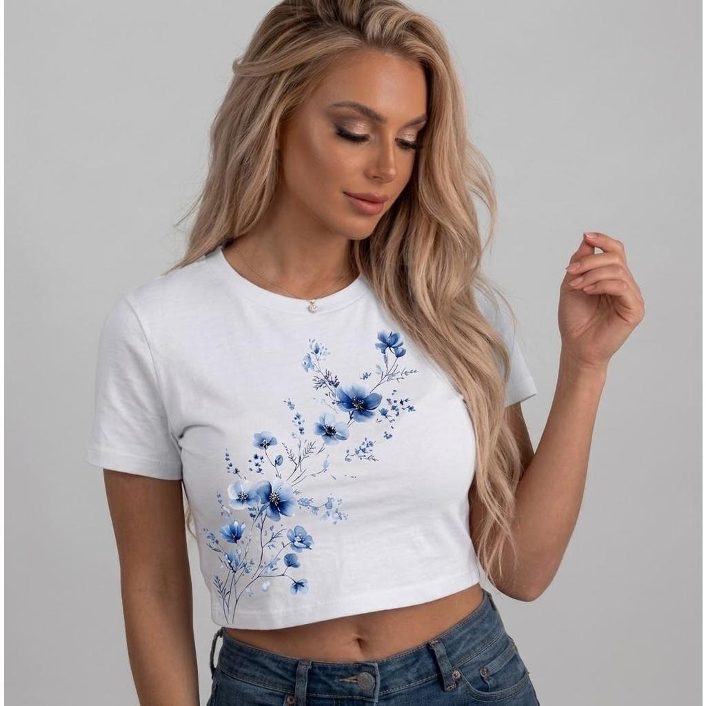 Cropped Feminino Galho De Flores Delicada Azul Gym Algodão Qualidade PREMIUM Envio Rapido