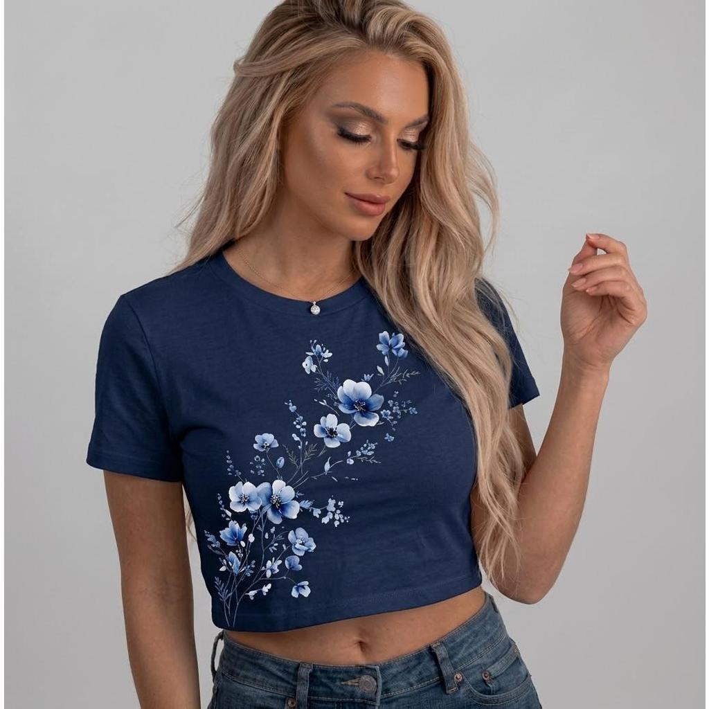 Cropped Feminino Galho De Flores Delicada Azul Gym 100%  Algodão Qualidade PREMIUM