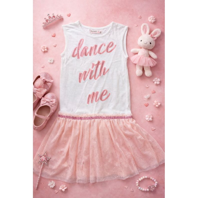 Vestido Infantil Tule Rosa Estampa Dance With Me Desigual 9/10 Anos