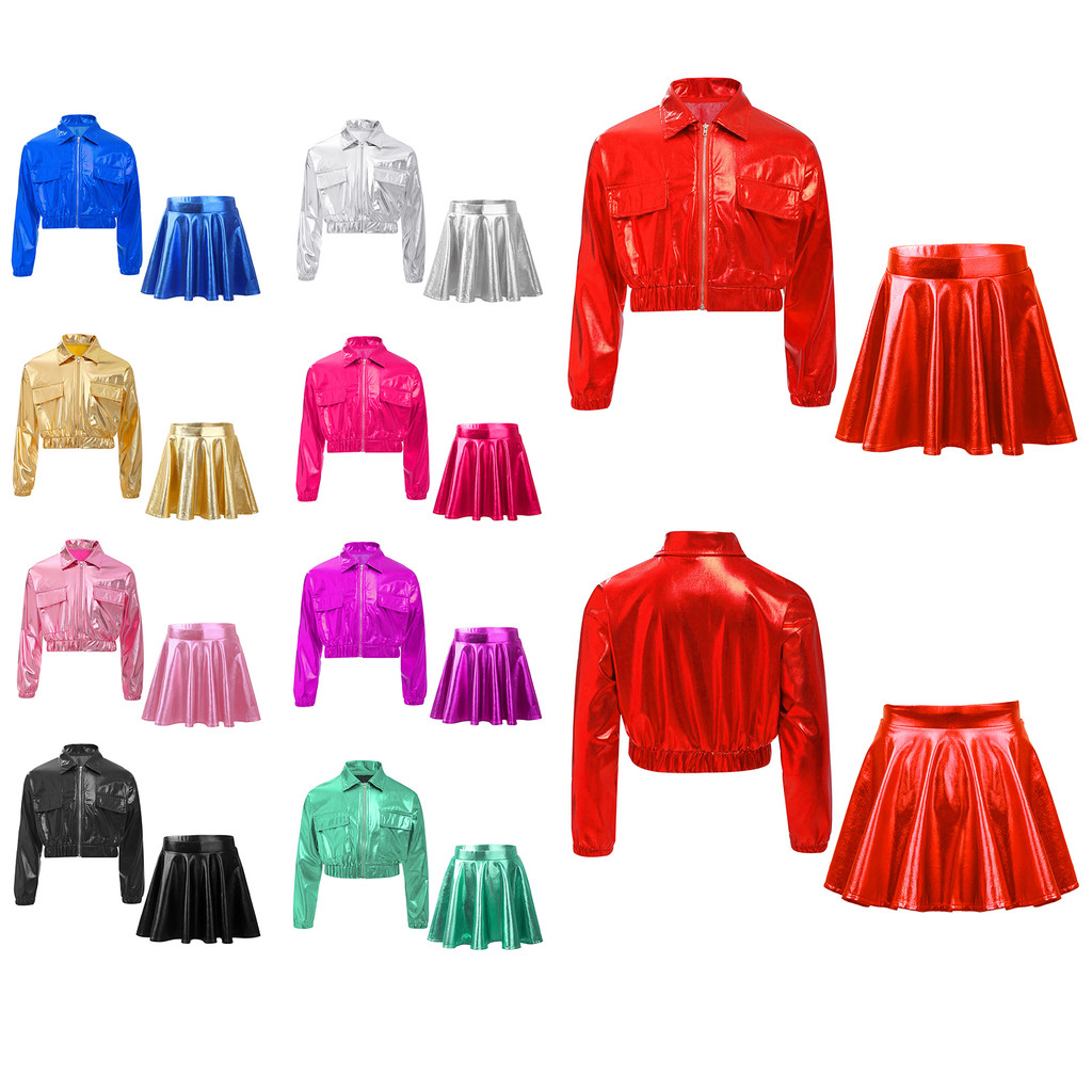 Aislor Crianças Meninas Metálicas Hip-hop Jazz Dance Outfit Gola Virada Para Baixo Manga Comprida Jaqueta Com Zíper E Ci