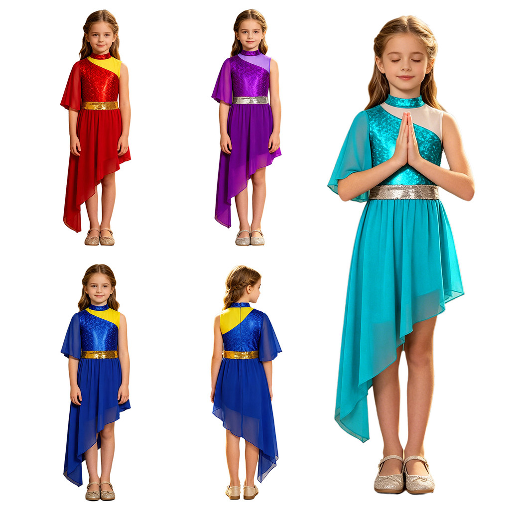 Aislor Kids Girls Louvor Dance Outfit Adoração Litúrgica Lírica Dancewear Costas Zíper Invisível Metálico Bodice Vestido