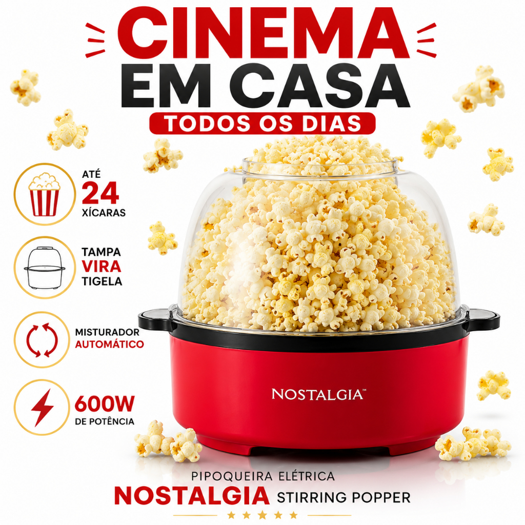 PIPOQUEIRA ELÉTRICA POPCORN STIRRING POPPER NOSTALGIA 6 LITOS COM TAMPA TRANSPARENTE 127V