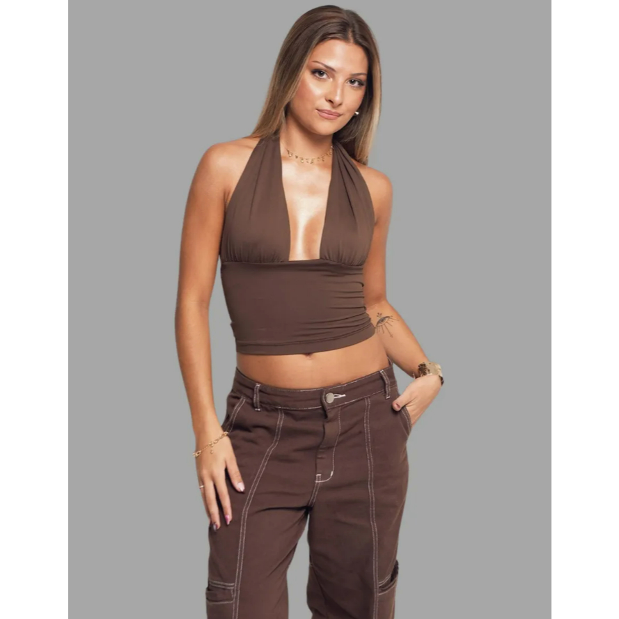 Mandi Cropped Top Feminino Halter Neck Decote Profundo Pange Multi-Uso.