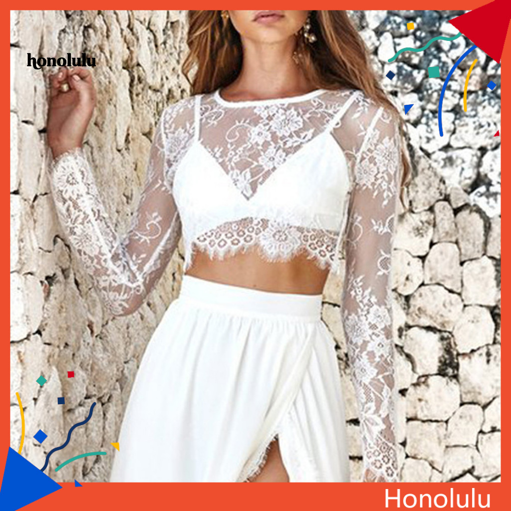 Hon * O-Neck Manga Comprida Bordado Padrão Crop Top Feminino Blusa De Renda Floral Transparente