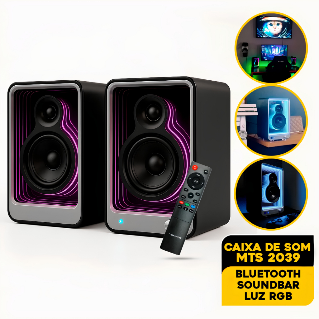 Caixa de Som Bluetooth 100W RMS TOMATE RGB Gamer para PC TV 2.0 Estéreo USB ARC com Controle Remoto