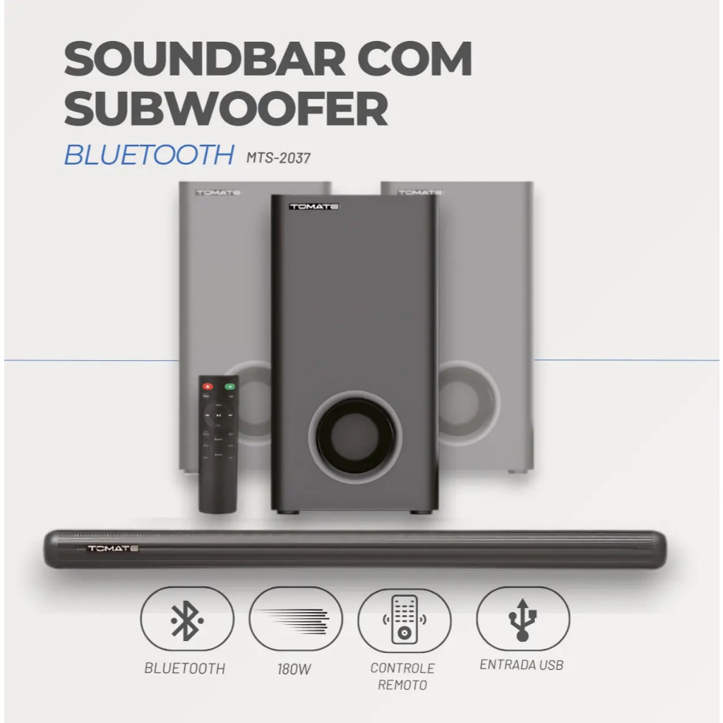 Caixa de Som Tomate MTS-2037 Soundbar 3.1 com Subwoofer Bluetooth ARC AUX e USB