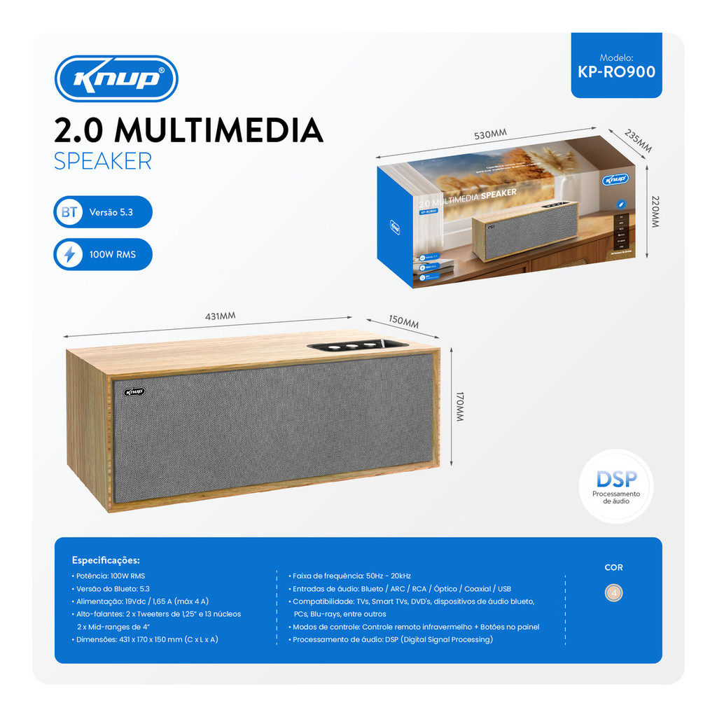 Caixa De Som Bluetooth Knup KP-RO900 100W RMS Soundbar TV Optico RCA ARC 2.0 Premium