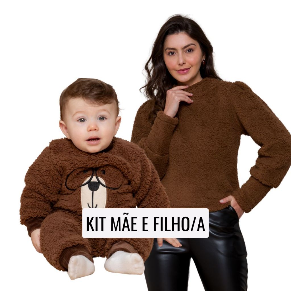Kit Mãe E Filha Filho Casaco Peluciado Blusão + Conjunto Teddy Quentinho Inverno