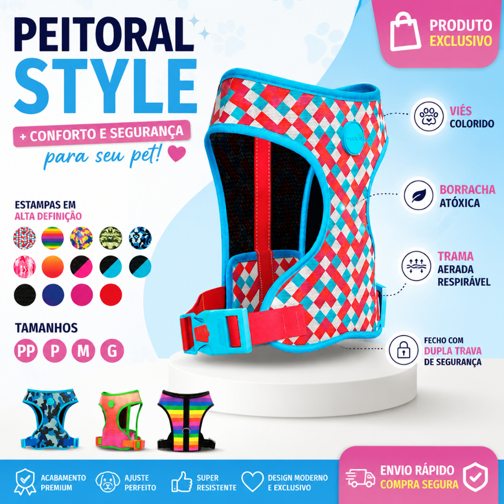Peitoral mesh + GUIA GRÁTIS - todas raças e tamanhos - York - Bulldog - Pug - Shitzu - Lhasa
