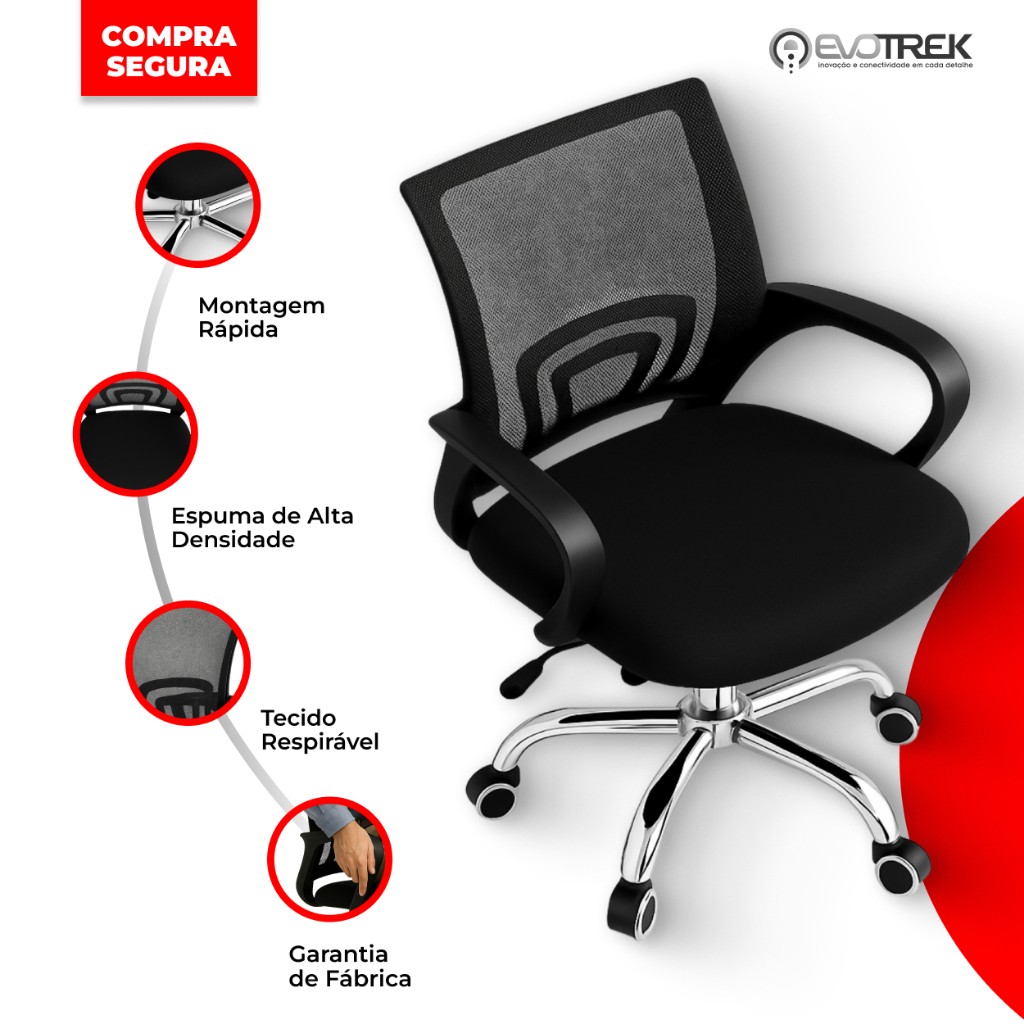 Cadeira Escritório Ergonômica Giratória Confortável | Ajuste Altura Encosto Mesh | Executiva Estudo Home Office