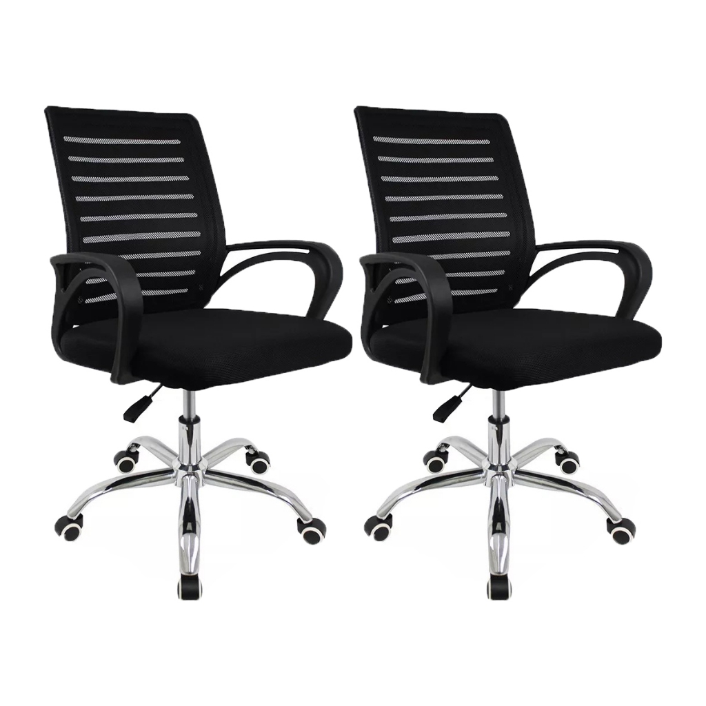 Kit 2 Cadeiras Escritório Home Office Giratória Com Assento Reclinável Cromado Com Mesh
