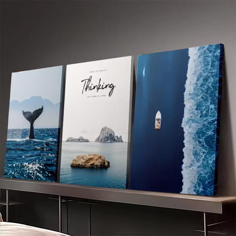 Kit 3 Quadros Decorativos Baleia Jubarte Oceano Deep Blue e Barco Decoração de Sala