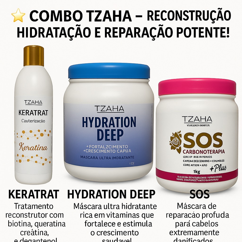 Combo Profissional Keratrat + Deep + SOS Tzaha | Cauterização + Hidratação + Nutrição | Recuperação Imediata