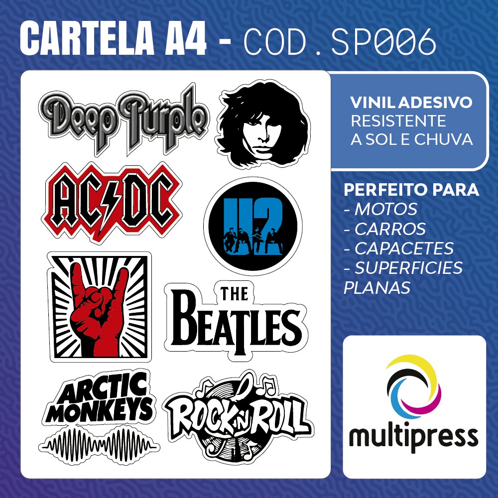 CAD006 - Cartela Adesivos, Individuais Coloridos, Rock Arctic Monkeys U2 AC DC The Beatles Deep Purple DOORMotoCarroBike