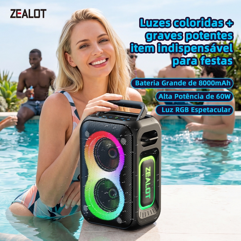 ZEALOT PT02 Alto-Falante Portátil De Karaokê Driver Duplo Estéreo IPX4 Resistente À Água Bluetooth 5.4 Conexão De Corren