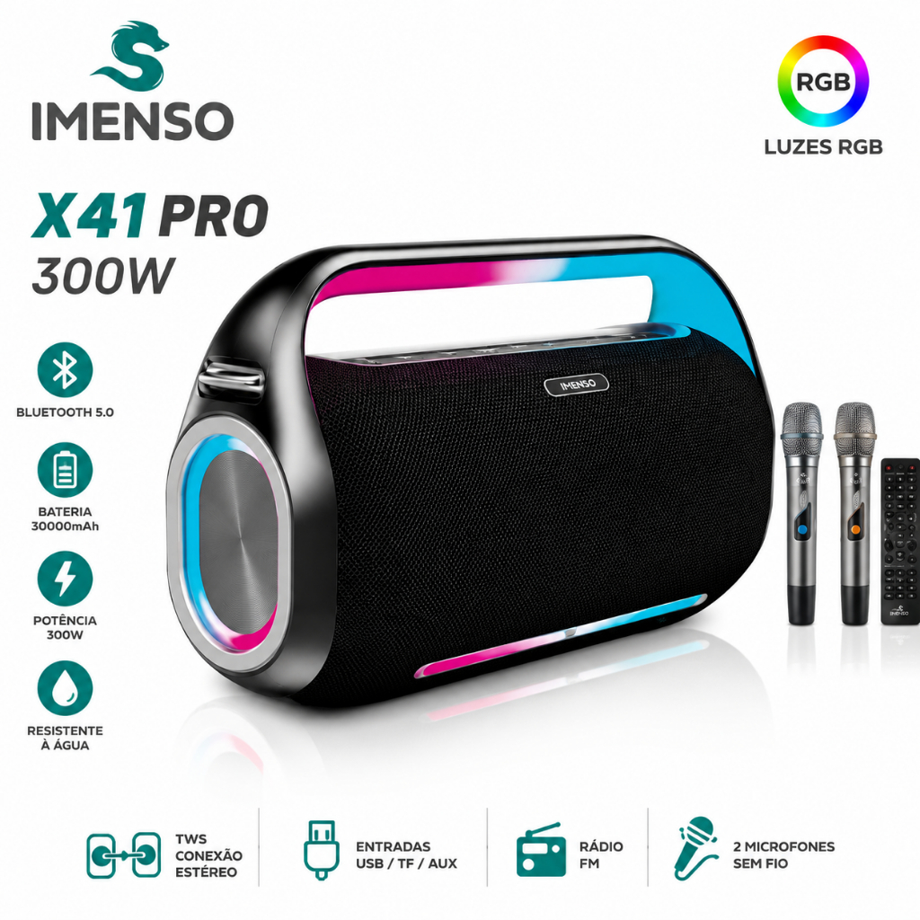 Caixa de Som Bluetooth 300W de Potência IMENSO X41PRO | 300W RMS | 2 Microfones | IPX4 | RGB