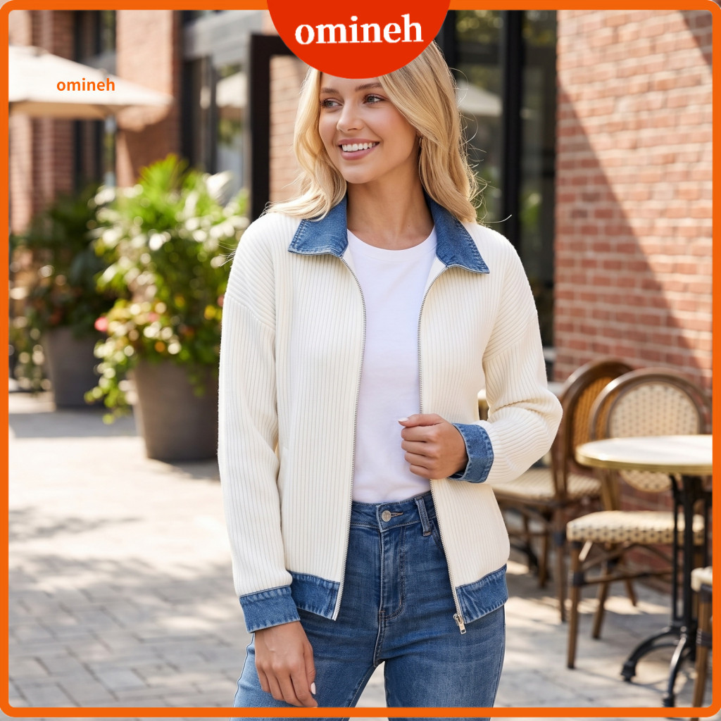 Ladies Denim Coat Women Corduroy Jacket Women’s Zip-up Long Sleeve Fall Winter with Contrast Turndown Collar – Styli