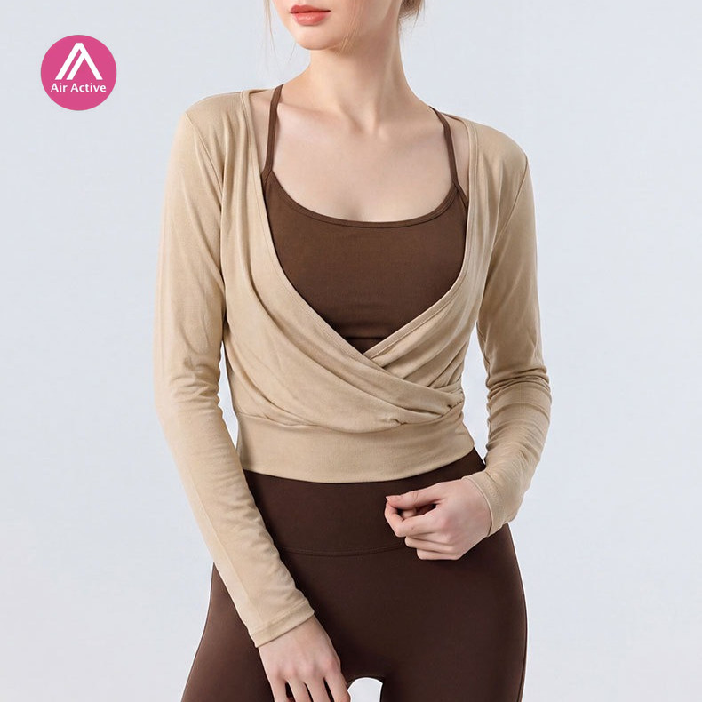 AirActive Yoga Camiseta De Manga Comprida Crop Top Sports Activewear V Neck Slim Fit Lyocell Pilates Gym