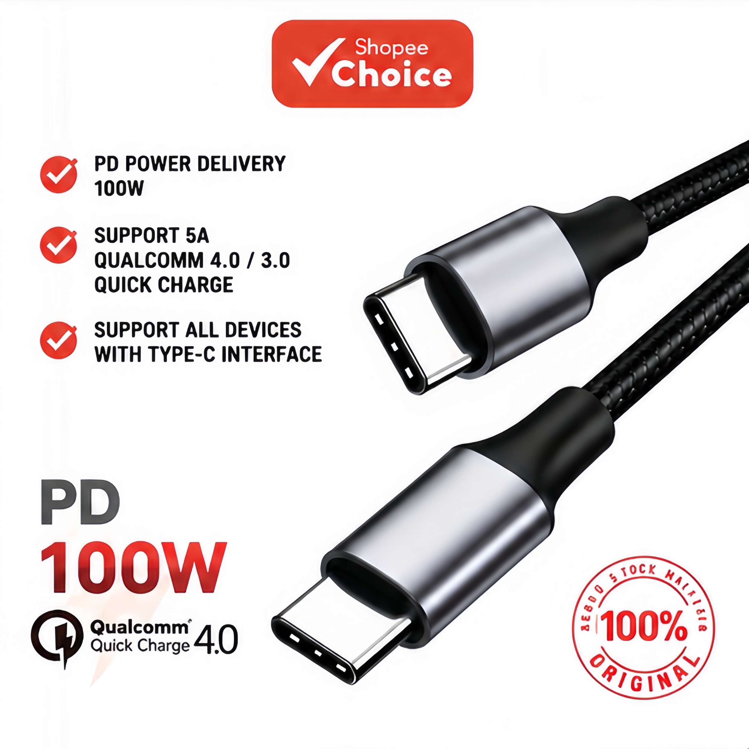 Ultra Durável Cabo de Dados Trançado USB-C 5A QC 4.0 de 100W para Laptop, iPhone 17/16/15, iPad, Samsung