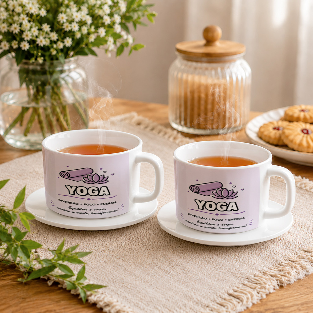 Kit 2 Xícaras com Pires Yoga Meditação Equilíbrio Namastê