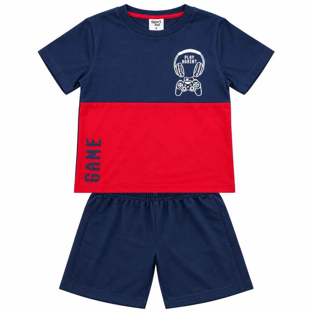 Conjunto Infantil Menino Camiseta e Bermuda Game Gamer Sport Sul