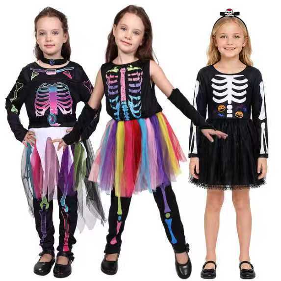 Halloween Crianças Meninas Fantasma Traje COS Vestir-Se Festa Demônio Crânio Grim Reaper Outfit