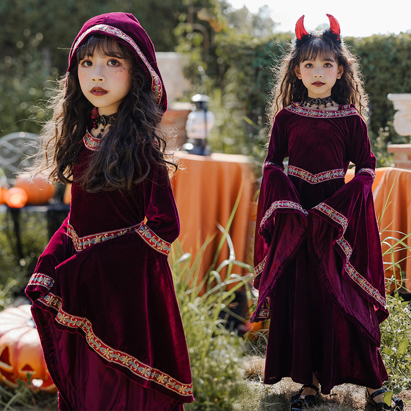 Halloween Meninas Vampiro Bruxa Traje Manga Longa Medieval Vestido Gótico Crianças Cosplay Festa Palco Desempenho Outfit