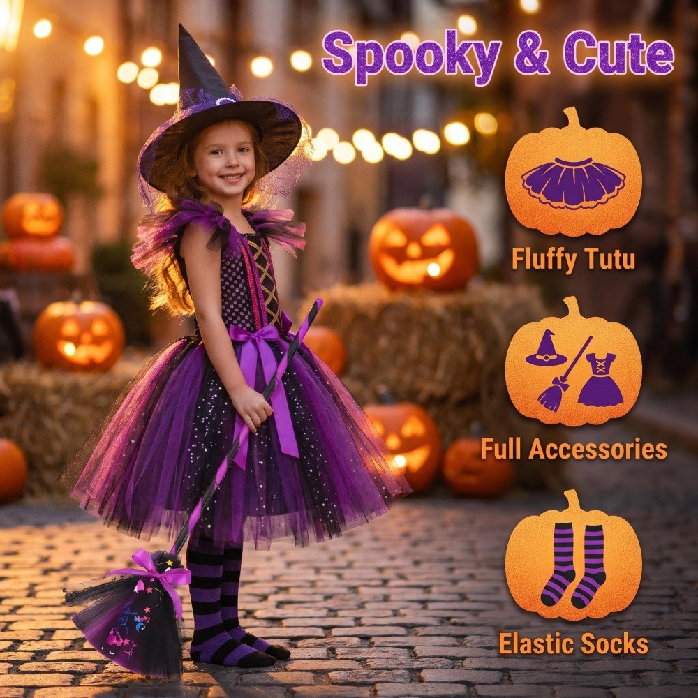 Halloween Crianças Roxo Bruxa Traje Meninas Cosplay Vestido Festa De Férias Desempenho Assistente Outfit
