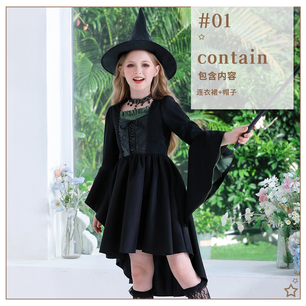 Halloween Meninas Vestido De Bruxa Com Chapéu Crianças Adulto Floresta Traje Gótico Longo Festa Palco Desempenho Outfit