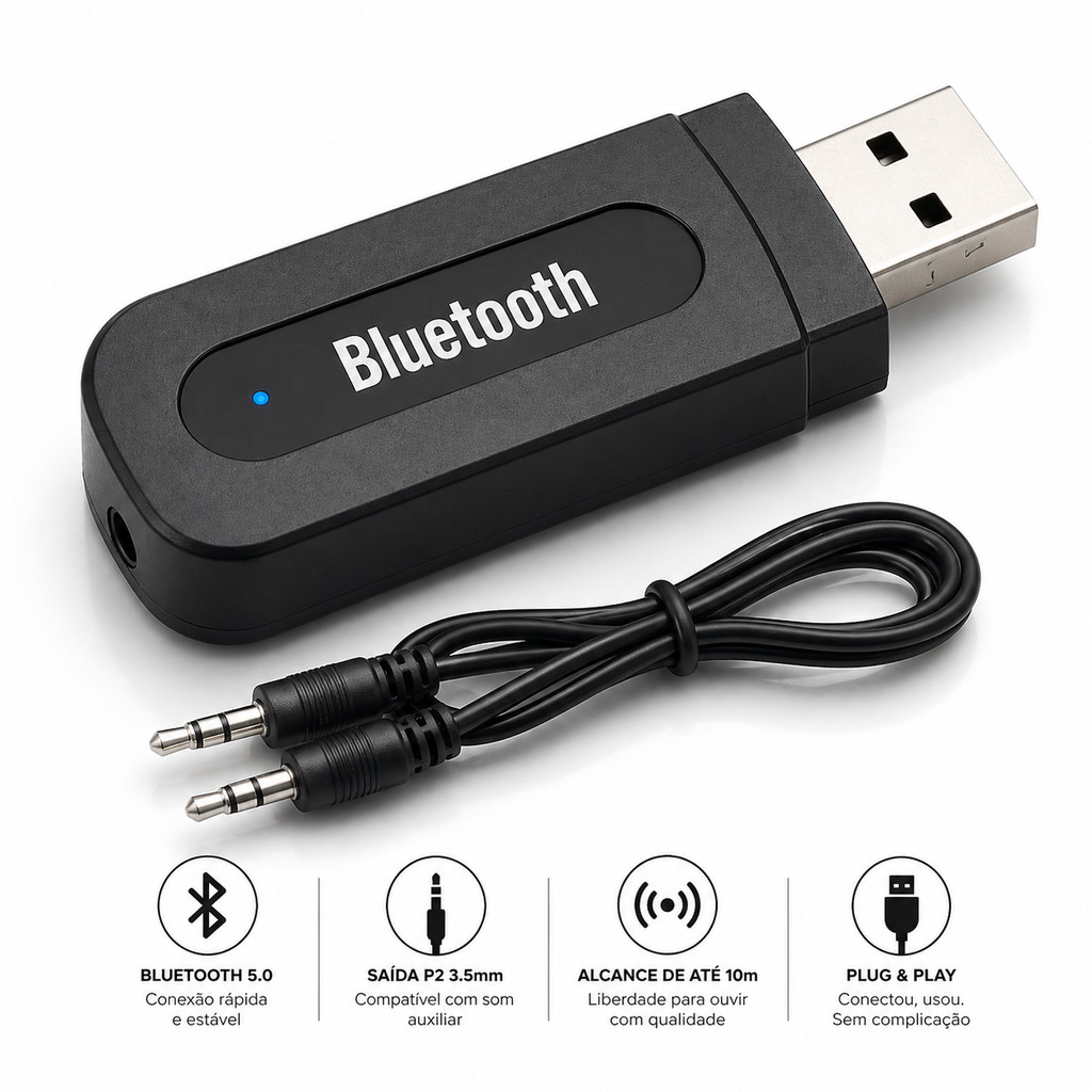 Adaptador Bluetooth USB Receptor Áudio P2 3.5mm para Som Automotivo, TV e PC