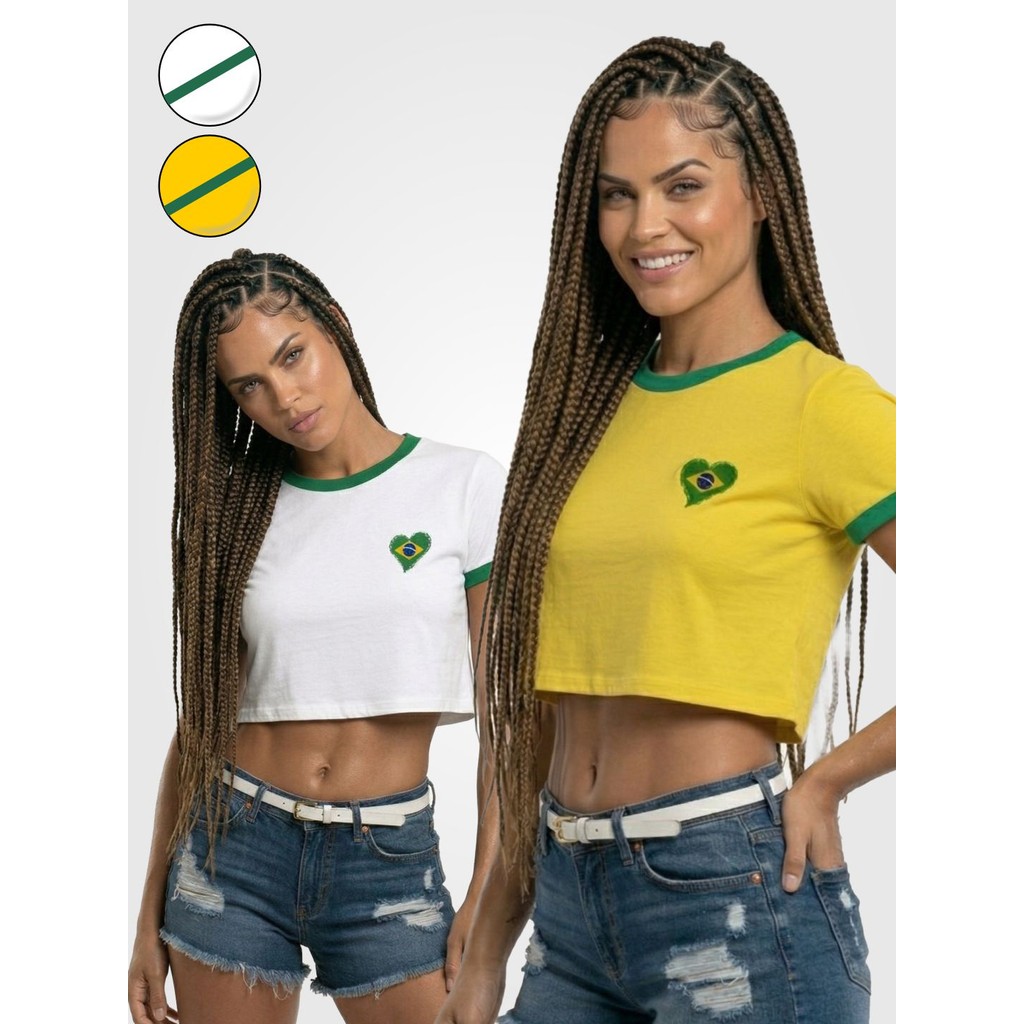 Blusa Cropped Brasil Ringer Branco e Amarelo Soltinha
