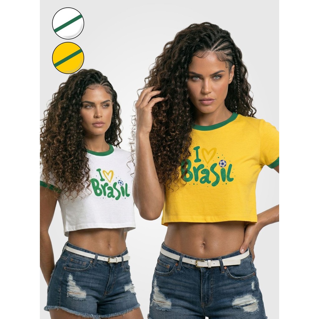 Blusa Cropped I Love Brasil Ringer Branco e Amarelo Fut Soltinha