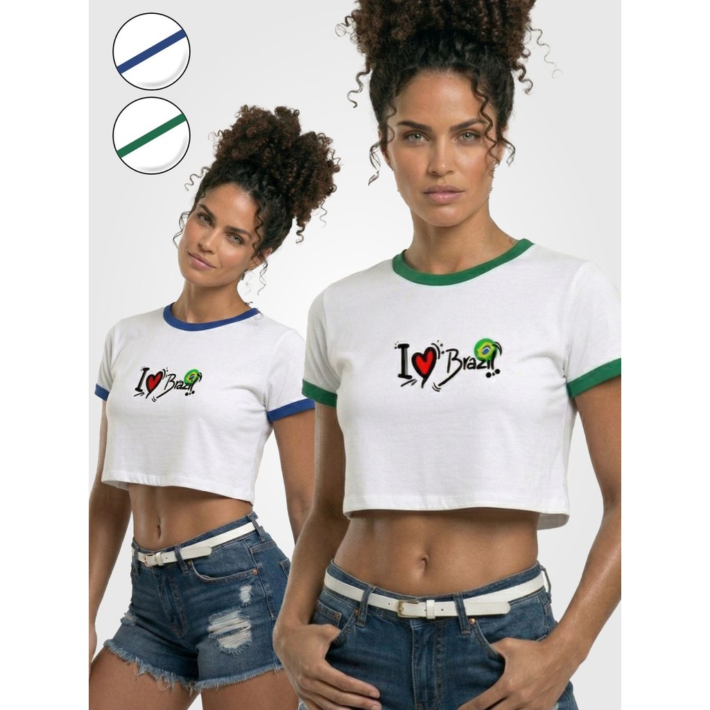 Blusa Cropped I Love Brasil Ringer Azul ou Verde Fut Soltinha