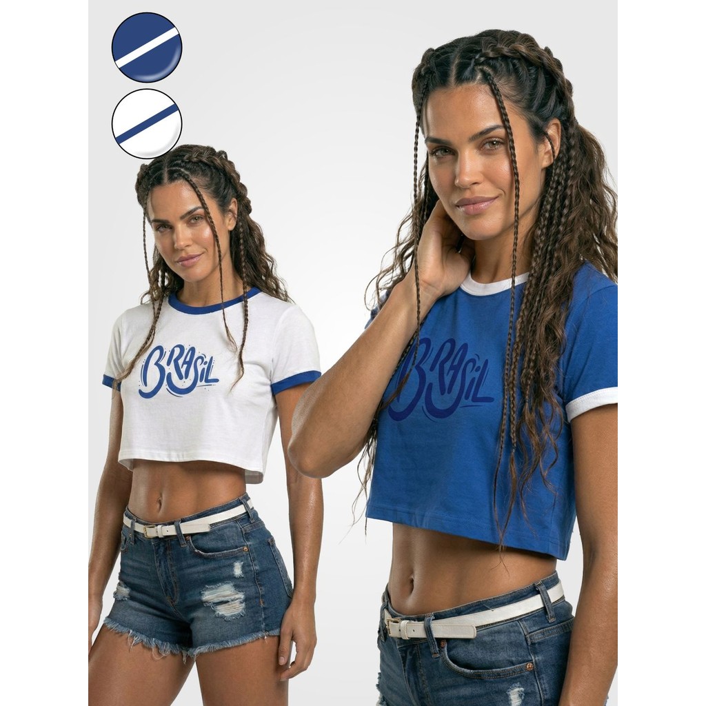 Blusa Cropped Brasil Ringer Branco e Azul Soltinha