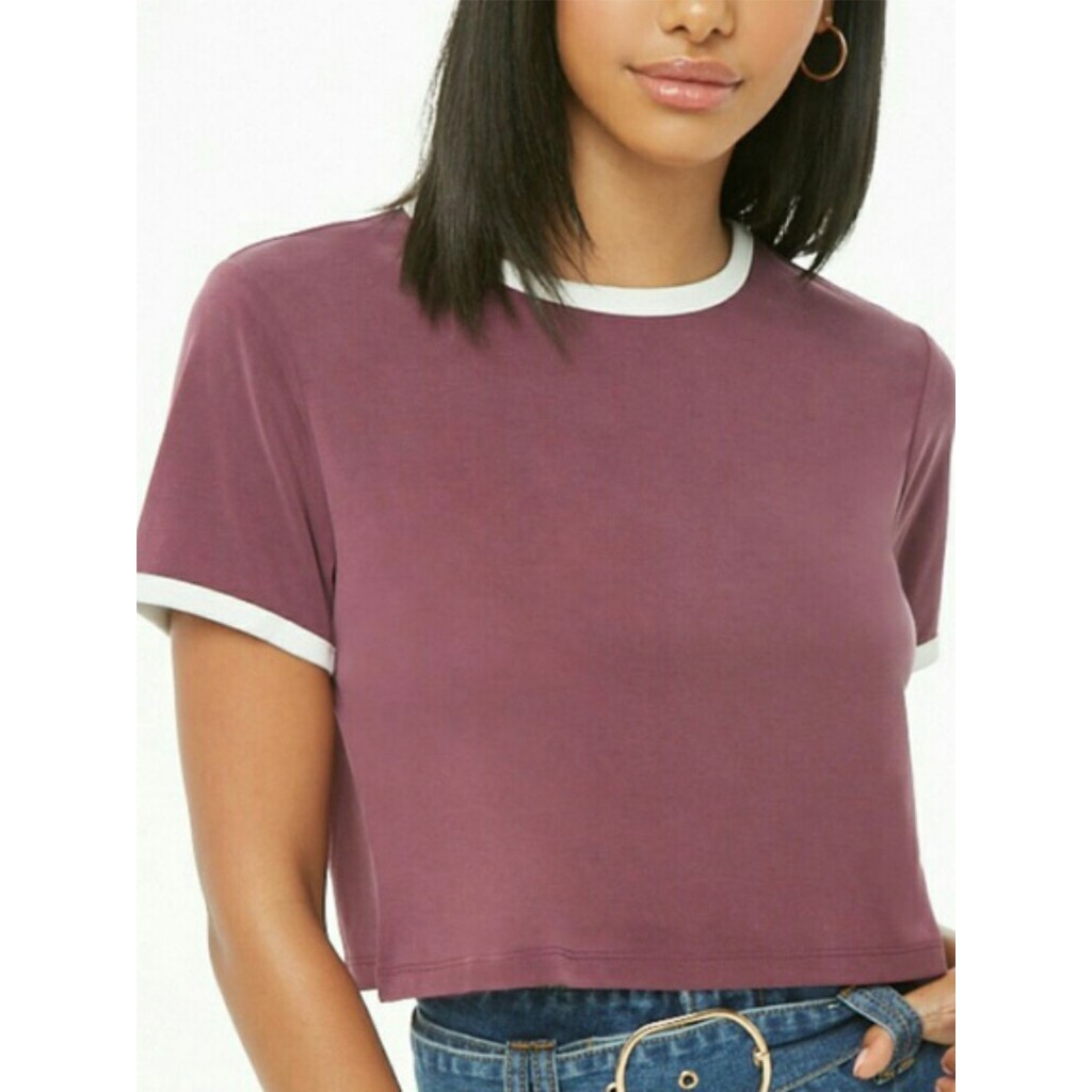 Blusa Cropped Ringer Tee Mesclado com Branco Manga Curta Soltinha