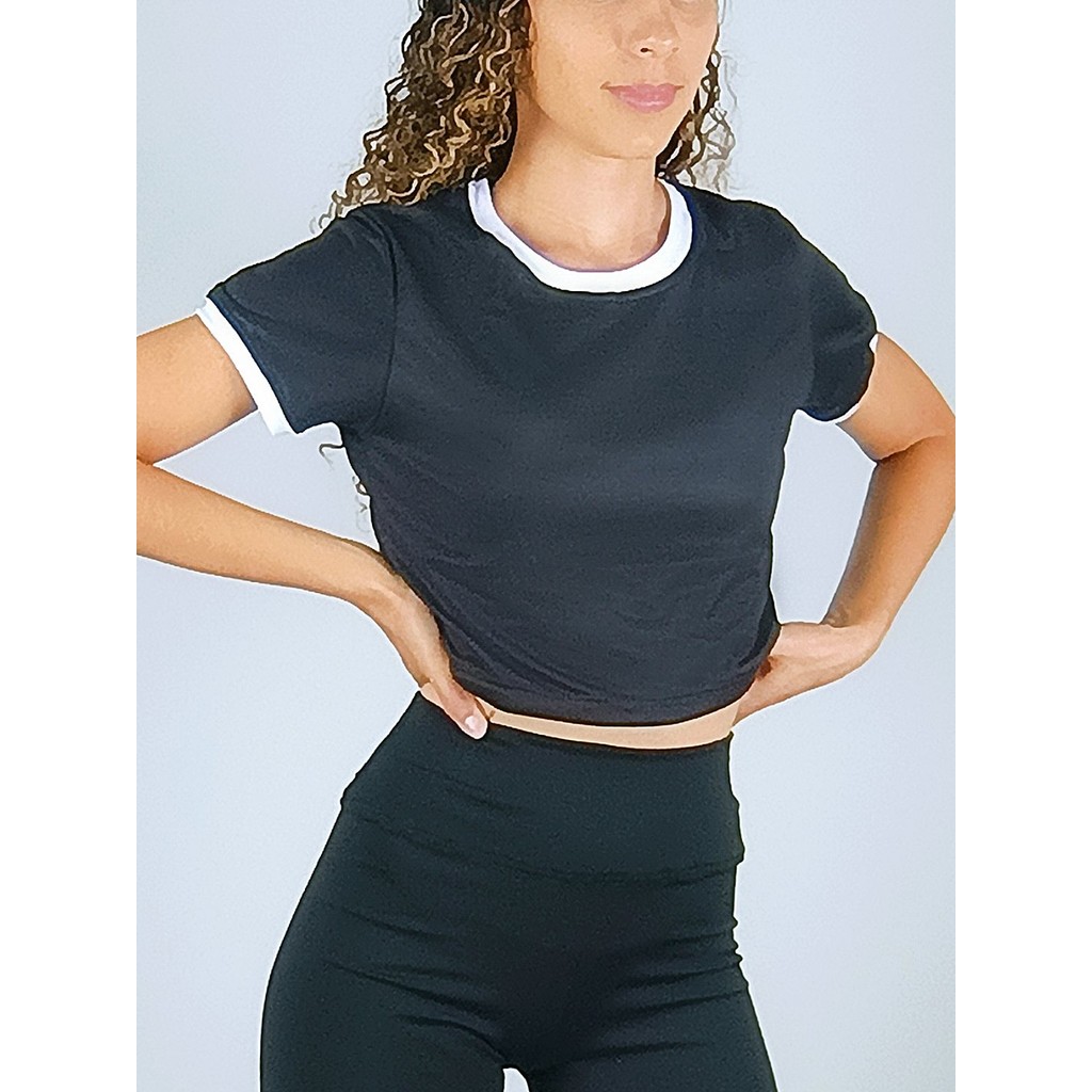 Cropped Ringer Preto Rib Branco 100% Algodão Soltinha - No Sense