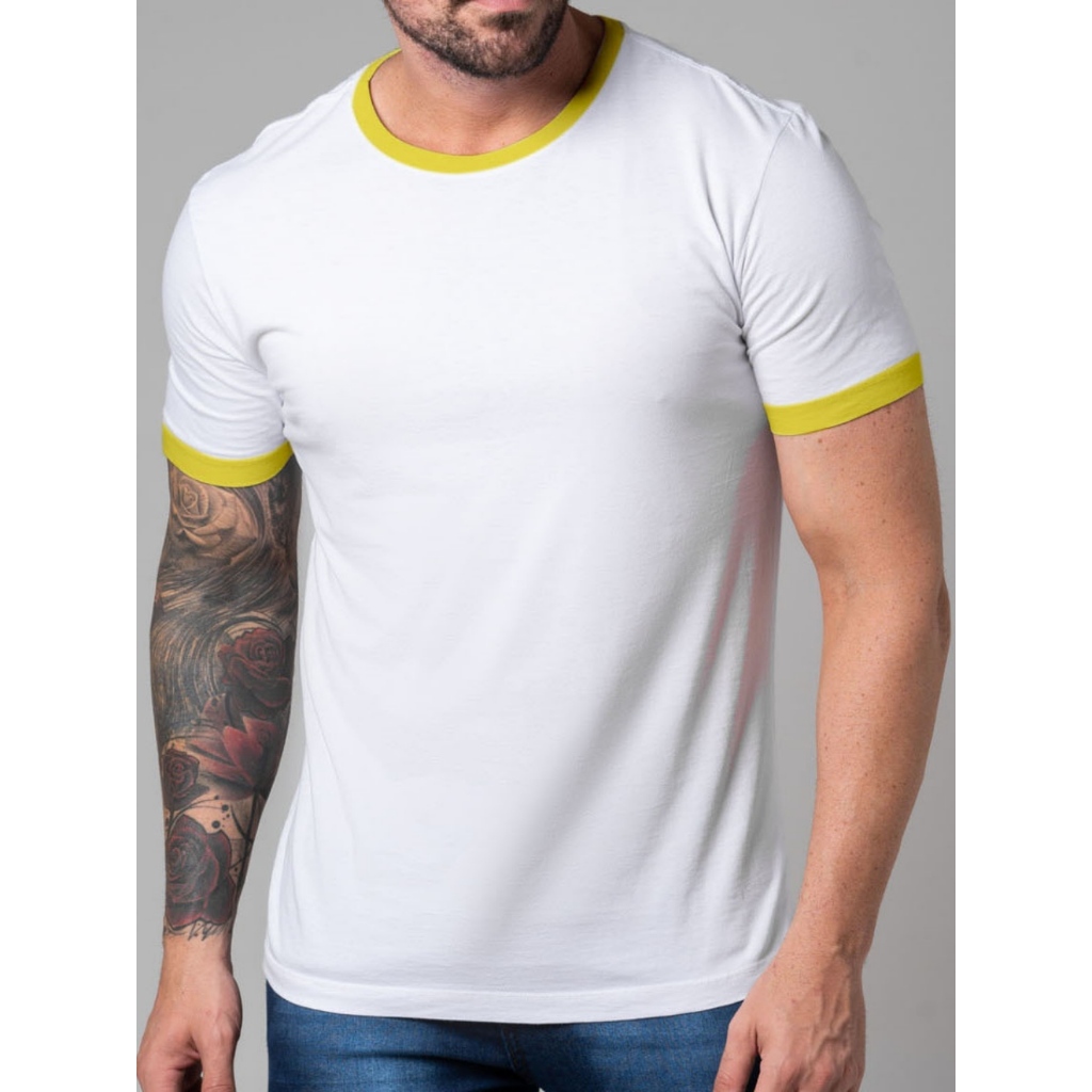 Camiseta Ringer Tee Branco c Amarelo Modelo Convencional Unisex