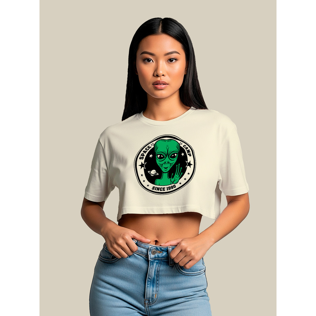 Cropped Feminino Elegante Ombro Caído Estampa Alive ET Gym Blogueira Tendencia Farm PlusSize Preto Marrom 100% Algodão