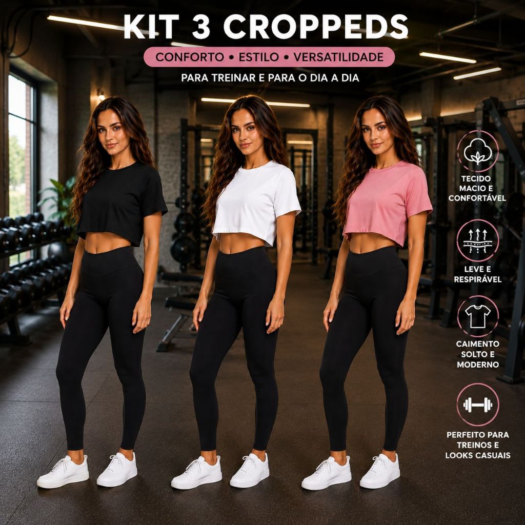 Kit 3 Cropped Feminino Gym 100% Algodão - Confortável, Leve e Ideal para Academia
