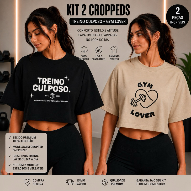 Kit 2 -T-shirt Femenina Academia 100% Algodão Camiseta Cropped Oversized Estampa Gym e Treino Culposo Alta Qualidade