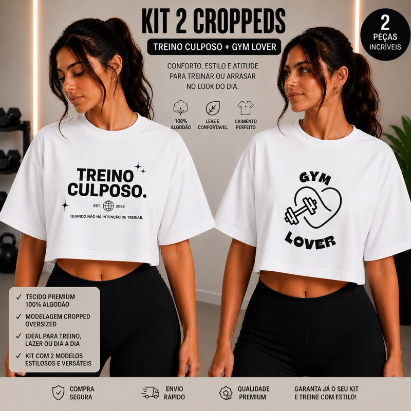 Kit Camisetas Academia Femenina Algodão Premium Cropped Oversized Estampado Gym Fashion Casual Estiloso Promoção