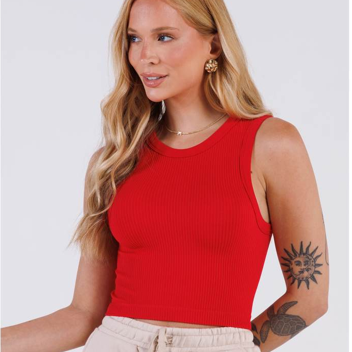 Regata Cropped Seamless Tecido Canelado Sem Costura