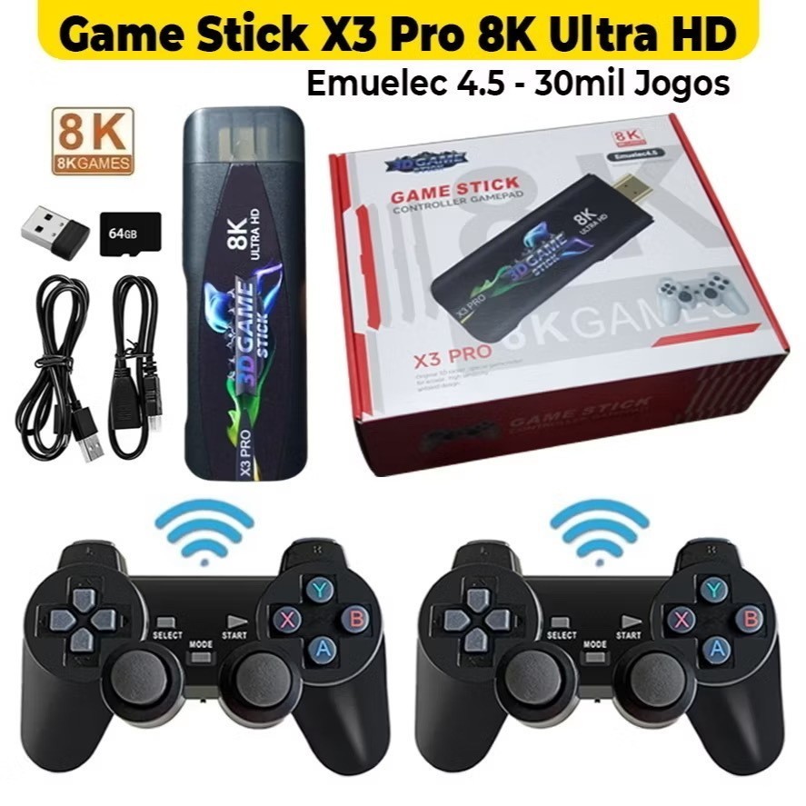 Console X3 Pro Ultra HD 8K 64GB EmuELEC 4.5 +30 Mil Jogos Retrô Clássicos 2 Controles Sem Fio HDMI Plug and Play