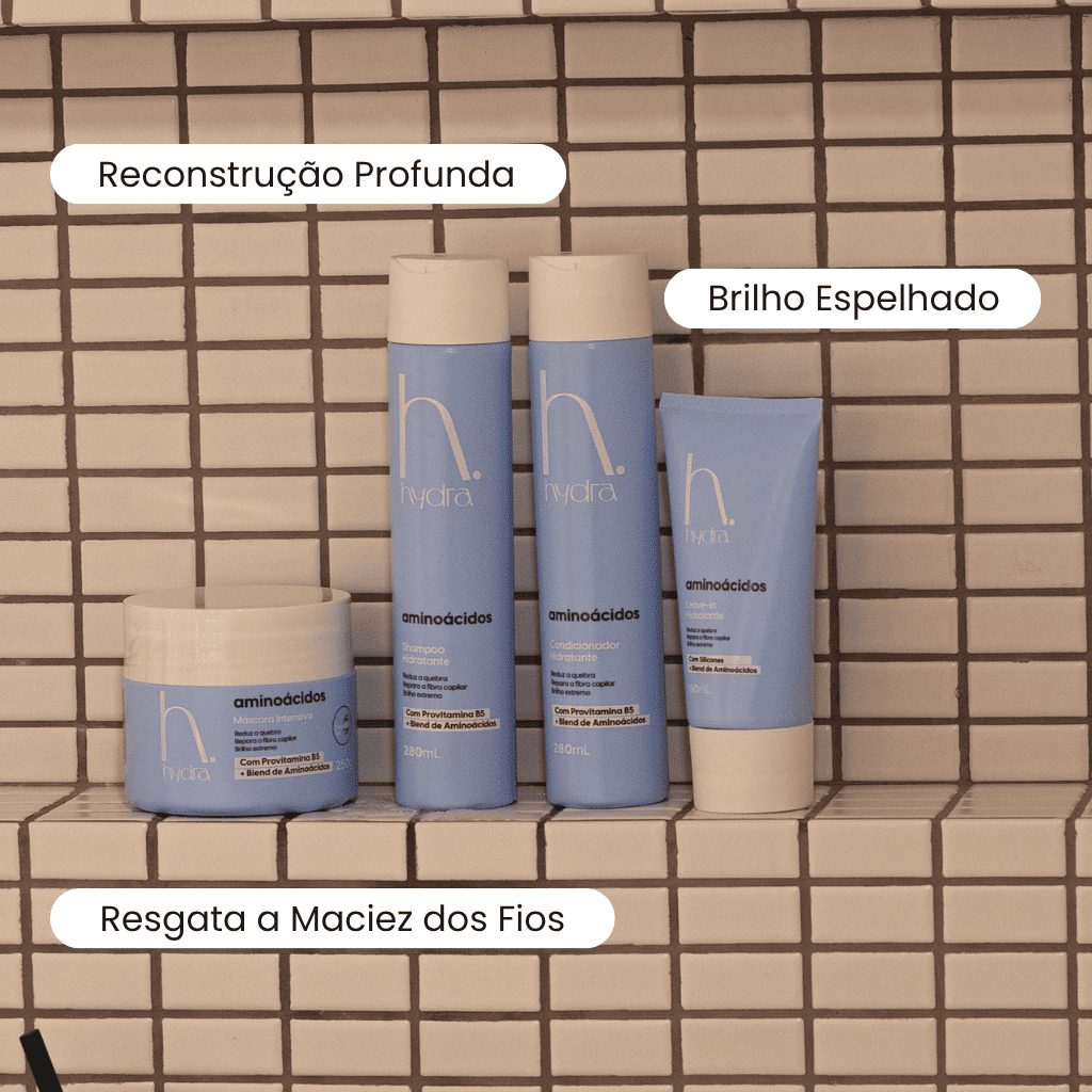 Kit Reconstrução Capilar Aminoácidos Hydra para Cabelos Danificados com Shampoo Condicionador Máscara Leave-in
