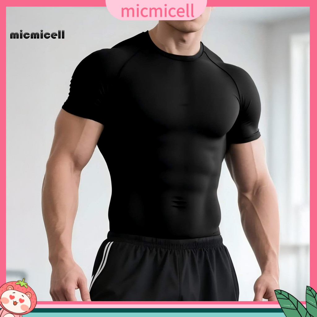 Stretchy Men Sports Shirt Polyester Spandex Men’s Gym Muscle Tee – Tight Fit Athletic Crew Neck T-shirt Breathable S