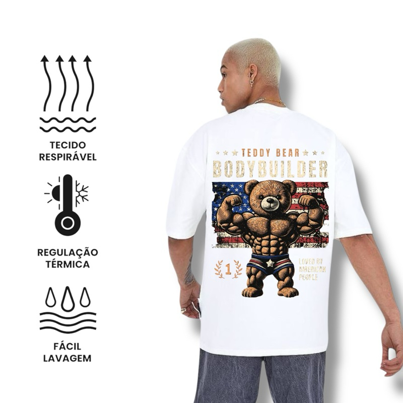 Camiseta Bodybuilder Algodão Treino Camisa Masculina Obersized Blusa Academia Gym Urso Streetwear Branca