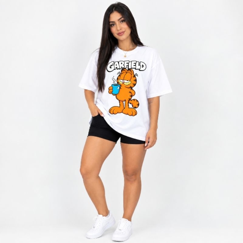 Camiseta Oversized Garfield FoFo Bebendo Café 100% Algodão Academia Gym Blusão Tshirt Feminina Gringa Streetwear