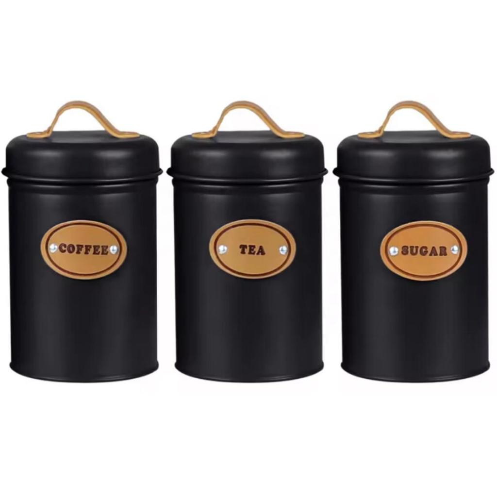 Kit 3 Latas de Metal Preto com Couro Sintético - Decoração e Organização para Cozinha Mesa Posta Organizador